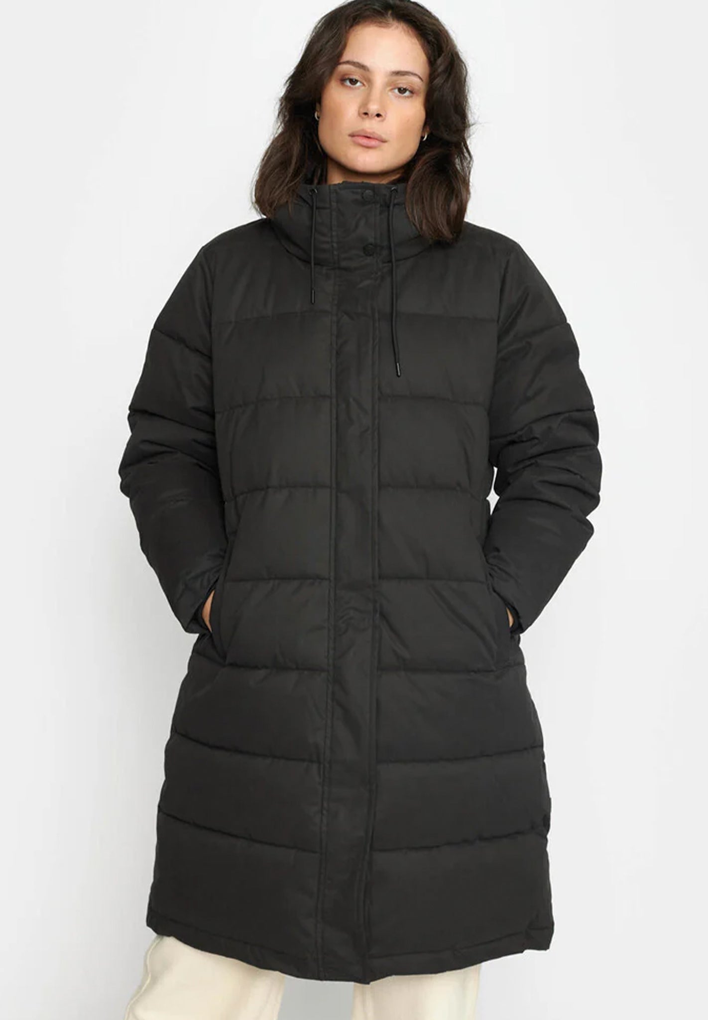 Black long hooded puffer coat on sale